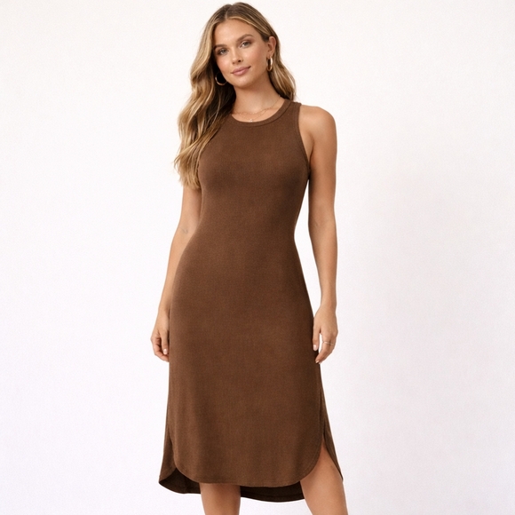 Mod Ref Dresses & Skirts - Mod Ref Rust Brown Micro Ribbed High Low Midi Dress Keyhole Back Minimalist Sz L